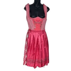 Stockerpoint women’s 38 dirndl plaid gingham pink deer embroidered